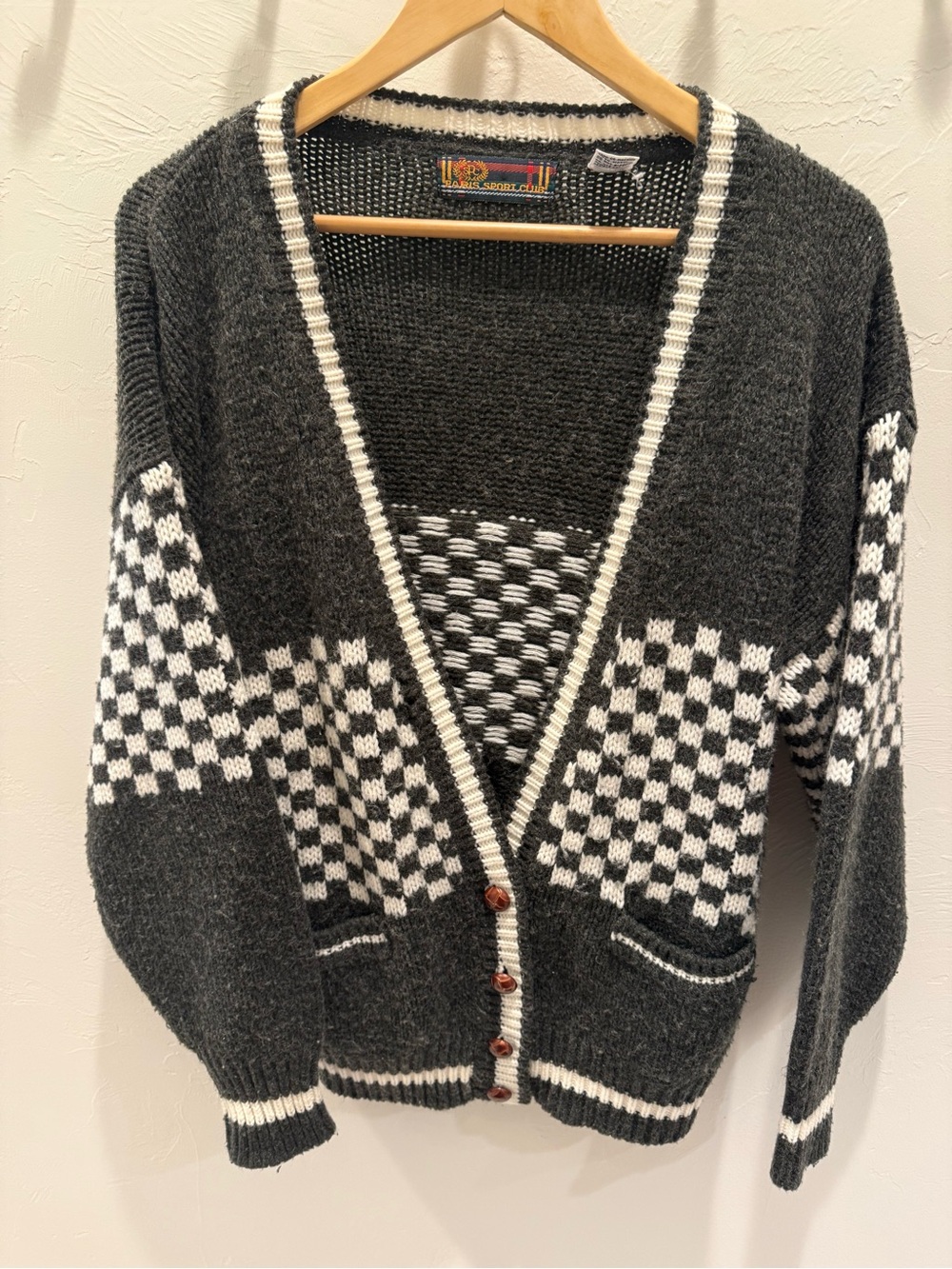 Vintage Charcoal & White Checker Knit Cardigan Sweater